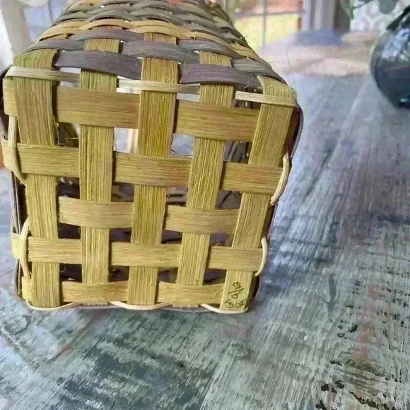 Basket, Handmade, Numbered 9/12, light blue/gray, green, natural tan - Picture 8 of 9